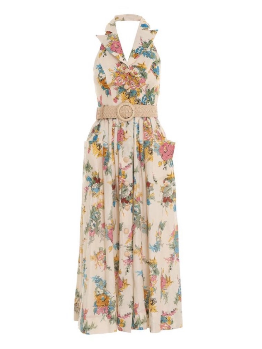 Zimmermann Clover Halter Maxi Dress With Woven Belt - Cream Floral